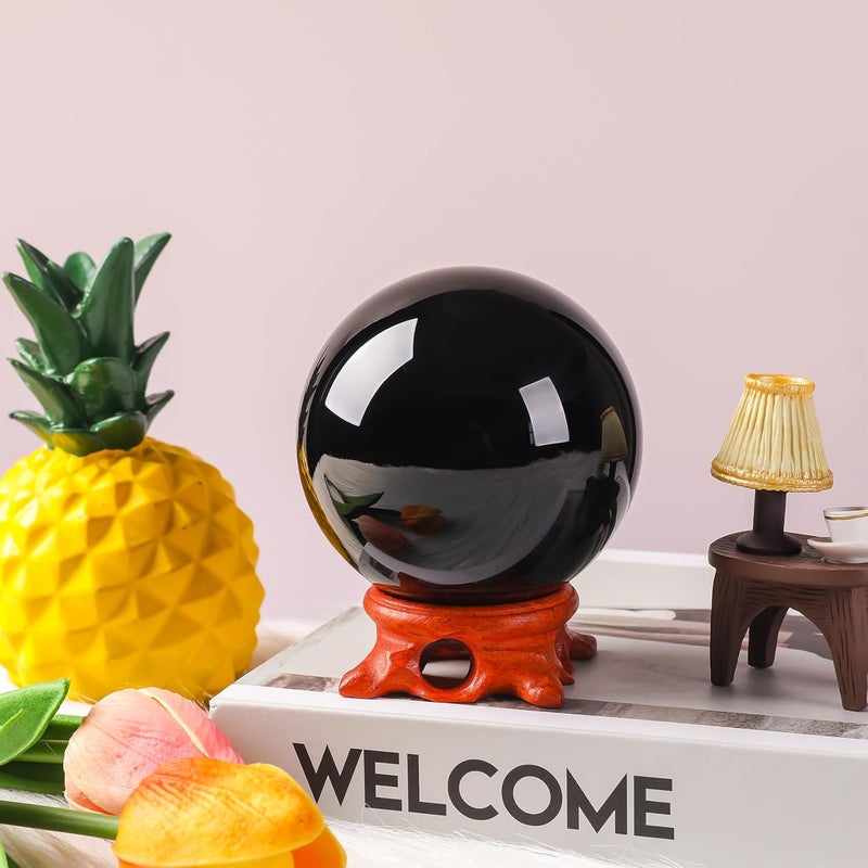 Modaier Black Obsidian Crystal Ball 100mm/3.9 inch with Rose Wooden Stand and Gift Box for Meditation,Fortune Teller,Feng Shui, Scrying,Magic,Home Decor,Halloween,Large Quartz Crystal Orb Prop Glass Sphere - Image 2